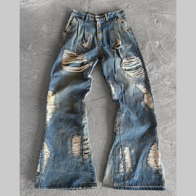 Custom Distressed Wide-Leg Jeans – Heavy Ripped Vintage Denim