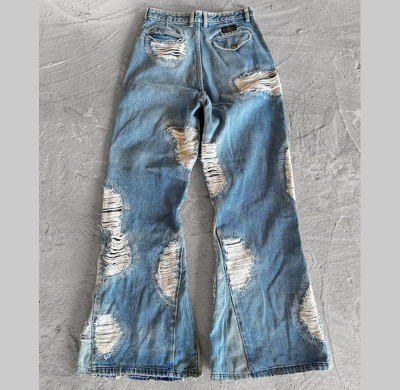 Custom Distressed Wide-Leg Jeans – Heavy Ripped Vintage Denim