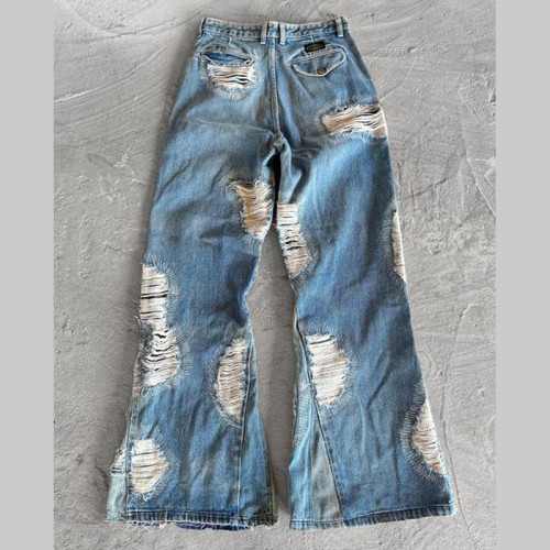 Custom Distressed Wide-Leg Jeans – Heavy Ripped Vintage Denim