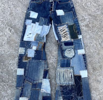 Custom Patchwork Distressed Denim Jeans – Vintage Reconstructed Style