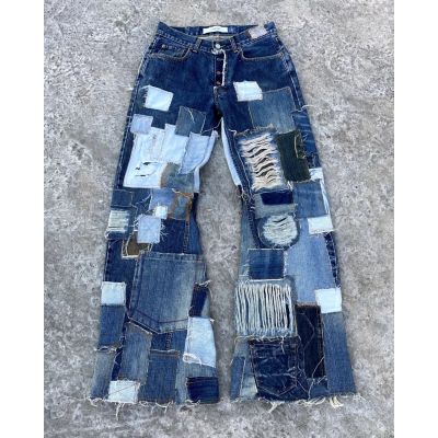 Custom Patchwork Distressed Denim Jeans – Vintage Reconstructed Style