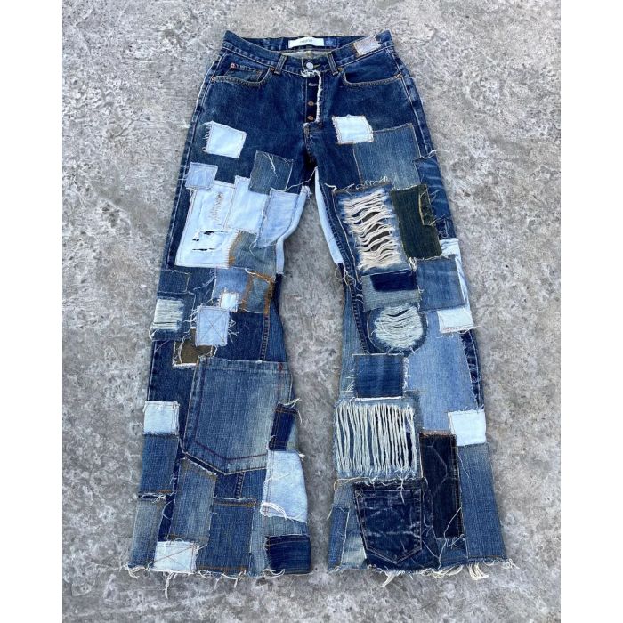 Custom Patchwork Distressed Denim Jeans – Vintage Reconstructed Style