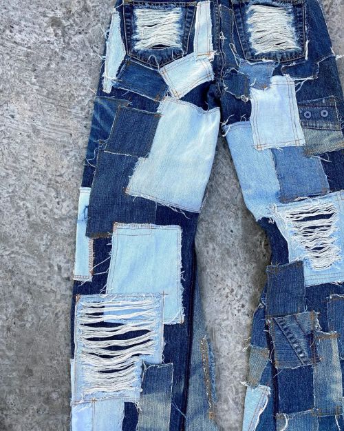 Custom Patchwork Distressed Denim Jeans – Vintage Reconstructed Style