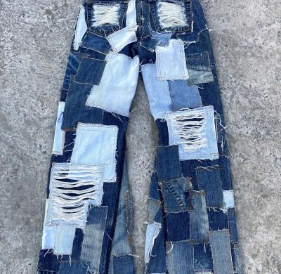 Custom Patchwork Distressed Denim Jeans – Vintage Reconstructed Style