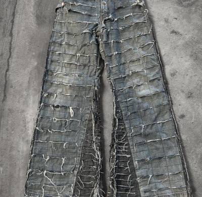 Custom Extreme Distressed Grid Cut Denim Jeans – High-Street Fashion