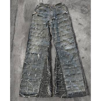 Custom Extreme Distressed Grid Cut Denim Jeans – High-Street Fashion