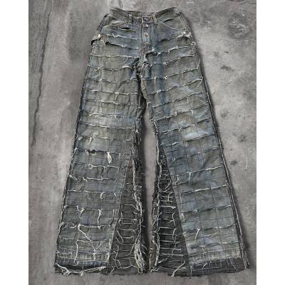 Custom Extreme Distressed Grid Cut Denim Jeans – High-Street Fashion