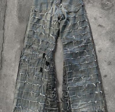 Custom Extreme Distressed Grid Cut Denim Jeans – High-Street Fashion