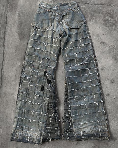 Custom Extreme Distressed Grid Cut Denim Jeans – High-Street Fashion