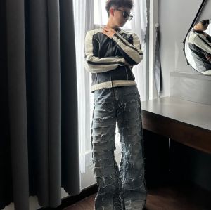 Custom Extreme Distressed Grid Cut Denim Jeans – High-Street Fashion