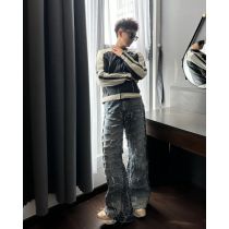 Custom Extreme Distressed Grid Cut Denim Jeans – High-Street Fashion