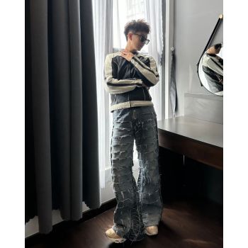 Custom Extreme Distressed Grid Cut Denim Jeans – High-Street Fashion