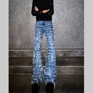 Custom Hand-Distressed Shredded Grid Denim Jeans – Statement Streetwear