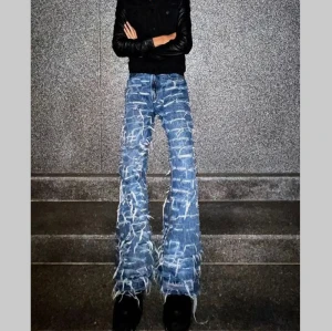 Custom Hand-Distressed Shredded Grid Denim Jeans – Statement Streetwear