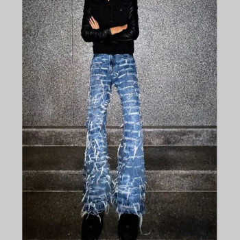 Custom Hand-Distressed Shredded Grid Denim Jeans – Statement Streetwear