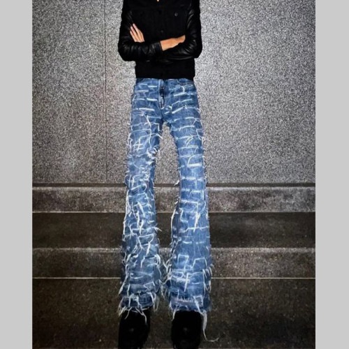 Custom Hand-Distressed Shredded Grid Denim Jeans – Statement Streetwear