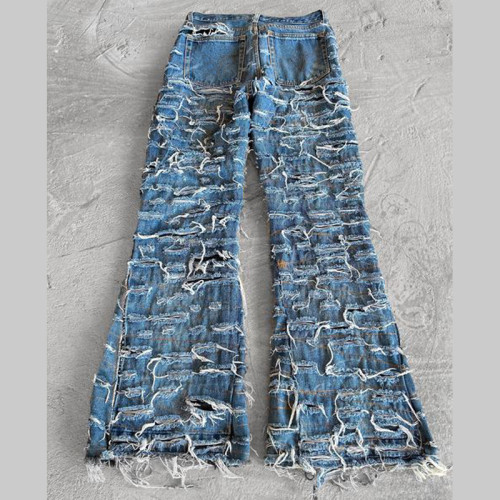 Custom Hand-Distressed Shredded Grid Denim Jeans – Statement Streetwear