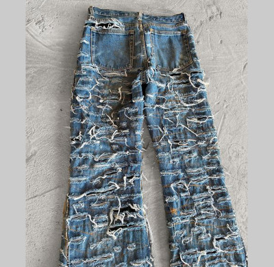 Custom Hand-Distressed Shredded Grid Denim Jeans – Statement Streetwear