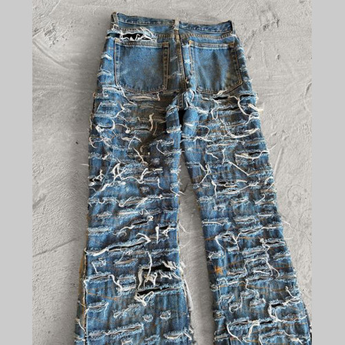 Custom Hand-Distressed Shredded Grid Denim Jeans – Statement Streetwear