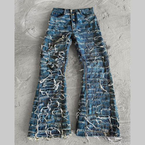 Custom Hand-Distressed Shredded Grid Denim Jeans – Statement Streetwear