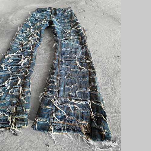 Custom Hand-Distressed Shredded Grid Denim Jeans – Statement Streetwear