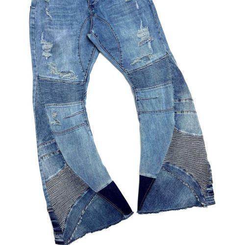 Custom Biker Flare Jeans – Distressed Patchwork with Moto Paneling