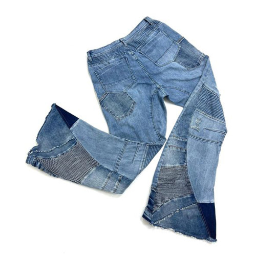 Custom Biker Flare Jeans – Distressed Patchwork with Moto Paneling