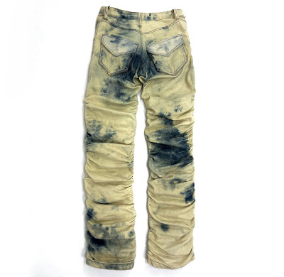 Custom Bleach Tie-Dye Biker Jeans – Stacked & Ruched Denim