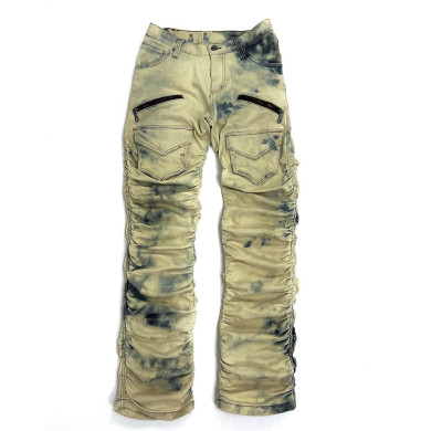 Custom Bleach Tie-Dye Biker Jeans – Stacked & Ruched Denim
