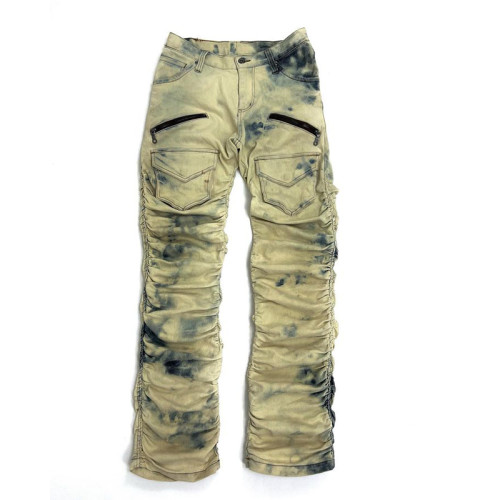 Custom Bleach Tie-Dye Biker Jeans – Stacked & Ruched Denim