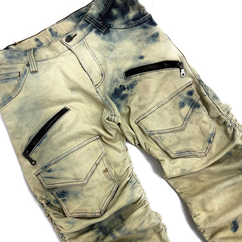 Custom Bleach Tie-Dye Biker Jeans – Stacked & Ruched Denim