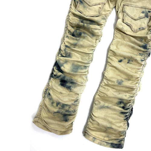 Custom Bleach Tie-Dye Biker Jeans – Stacked & Ruched Denim