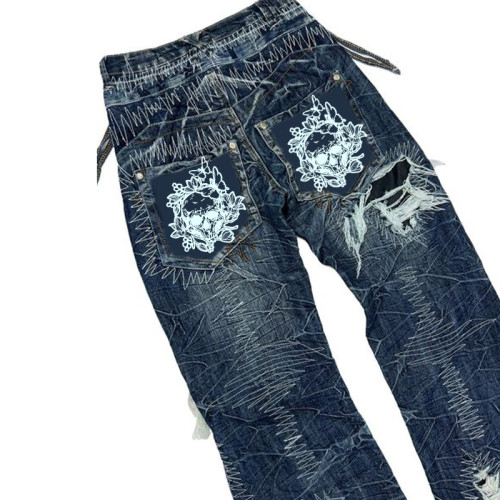 Custom Embroidered Stitching Jeans – Distressed Washed Artisanal Denim