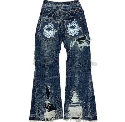 Custom Embroidered Stitching Jeans – Distressed Washed Artisanal Denim