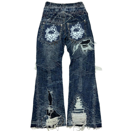 Custom Embroidered Stitching Jeans – Distressed Washed Artisanal Denim