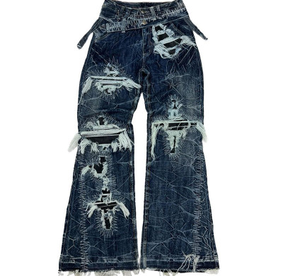 Custom Embroidered Stitching Jeans – Distressed Washed Artisanal Denim