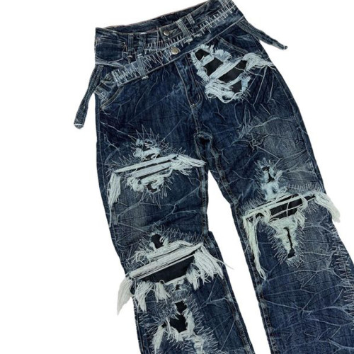 Custom Embroidered Stitching Jeans – Distressed Washed Artisanal Denim