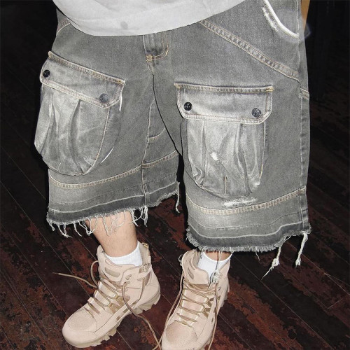 Custom Wholesale Vintage Cargo Denim Shorts – Distressed Utility Streetwear