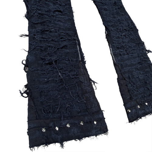 Custom Gothic Denim Jeans – Handcrafted Appliqué & Distressed Detailing