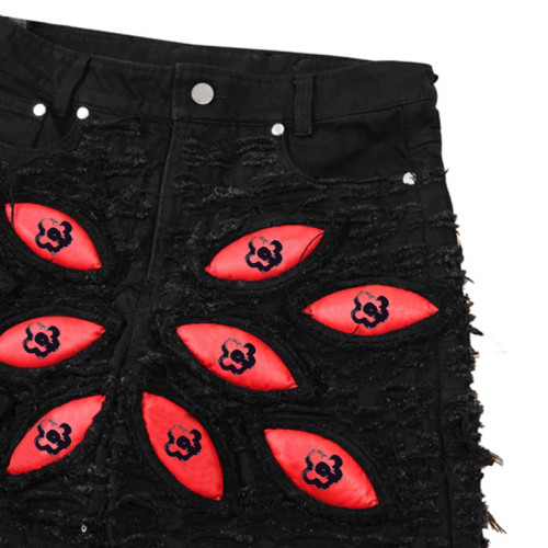 Custom Gothic Denim Jeans – White Eye Appliqué & Handcrafted Distressed Design