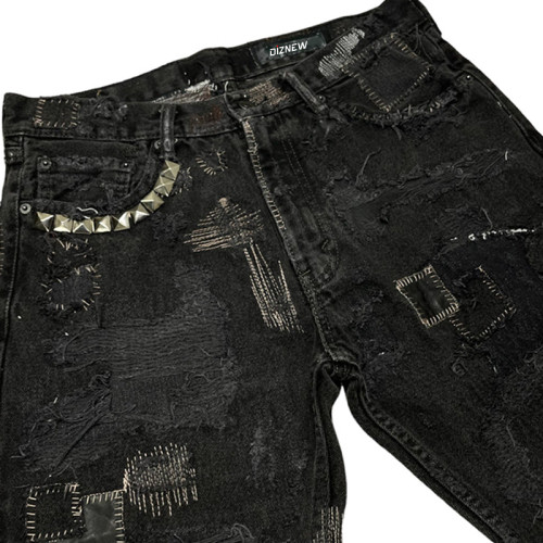 Custom Punk-Inspired Black Denim Jeans – Distressed, Embellished, and Designed