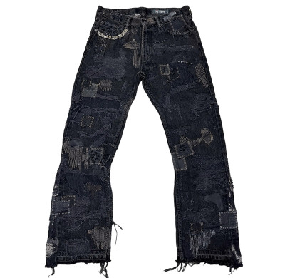 Custom Punk-Inspired Black Denim Jeans – Distressed, Embellished, and Designed