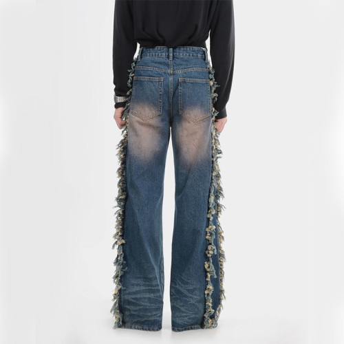 Custom Flare Denim Jeans with Distressed Fringe Side Panels – High-Fashion Statement