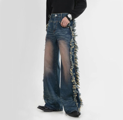 Custom Flare Denim Jeans with Distressed Fringe Side Panels – High-Fashion Statement
