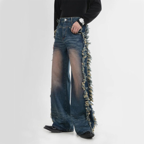 Custom Flare Denim Jeans with Distressed Fringe Side Panels – High-Fashion Statement