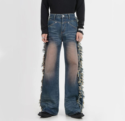 Custom Flare Denim Jeans with Distressed Fringe Side Panels – High-Fashion Statement