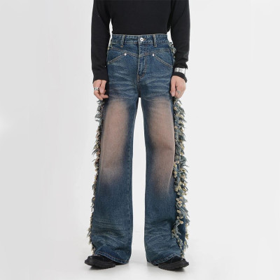 Custom Flare Denim Jeans with Distressed Fringe Side Panels – High-Fashion Statement