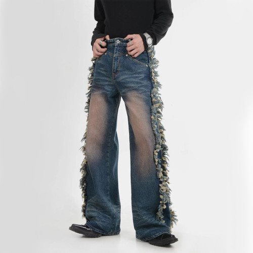 Custom Flare Denim Jeans with Distressed Fringe Side Panels – High-Fashion Statement