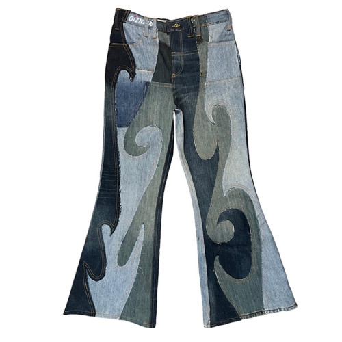 Custom Patchwork Flare Jeans – Vintage Multi-Tone Denim