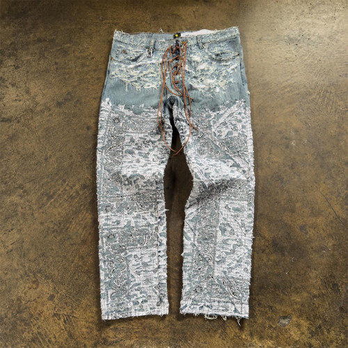 Custom Lace-Up Distressed Denim Jeans – Vintage Luxury Aesthetic